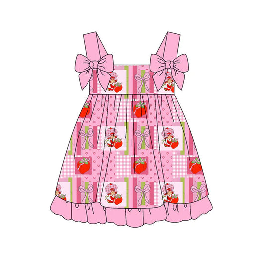 Preorder (moq 5)Baby Strawberry Girls Bows Checked Strap Ruffle Knee Length Dresses 11.19
