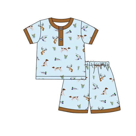 Preorder (moq 5)Baby Boys Blue Short Sleeves Button Deer Ducks Dogs Top Short Pajamas Set 5.14
