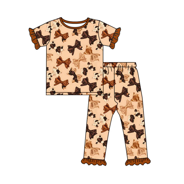 Preorder (moq 5)Baby Girls Cow Print Bows Plaid Top Ruffle Pants Western Pajamas Sets 12.2