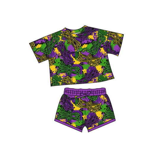Preorder(moq 5) Baby Girls Mardigras Short Sleeve Camo Masks Top Pockets Shorts Clothes Sets 10.10