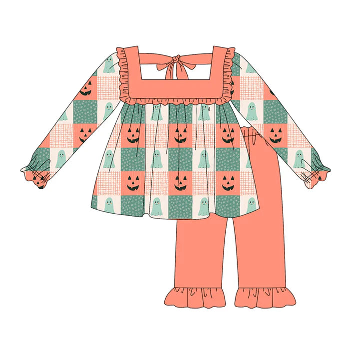 Preorder (moq 5)Baby Girls Long Sleeves Green Orange Ghosts Pumpkins Plaid Tunic Ruffle Pant Set 5.21