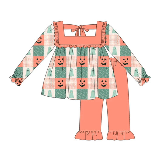 Preorder (moq 5)Baby Girls Long Sleeves Green Orange Ghosts Pumpkins Plaid Tunic Ruffle Pant Set 5.21
