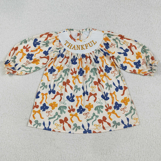 Baby Girls Smocked Dress Embroidery Thanksgiving Thankful Colorful Bows Knee Length Dresses GLD1086 7.19