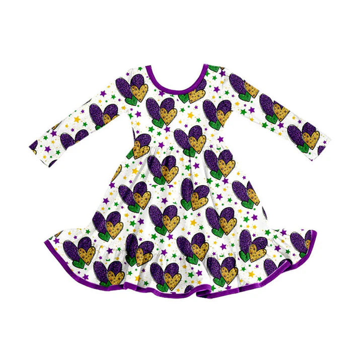 Preorder (moq 8)Baby Girls Purple Yellow Green Hearts Mardigras Ruffle Knee Length Dress 9.9