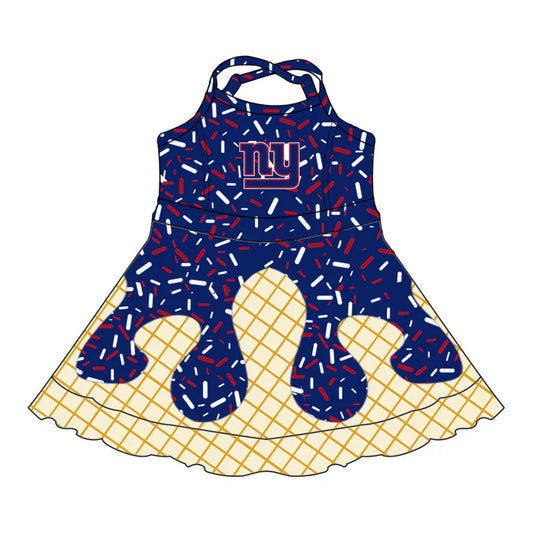 Preorder (moq 5)Baby Girls Strap Drip Navy NY Shorts Ruffle Team Knee Length Dresses 6.30