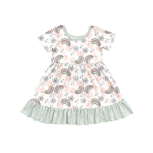 Preorder (moq 5)Baby Girls Rabbits Rainbows Flowers Easter Ruffle Knee Length Dresses 12.6