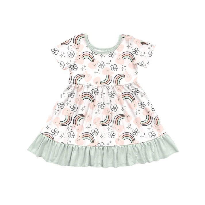 Preorder (moq 5)Baby Girls Rabbits Rainbows Flowers Easter Ruffle Knee Length Dresses 12.6