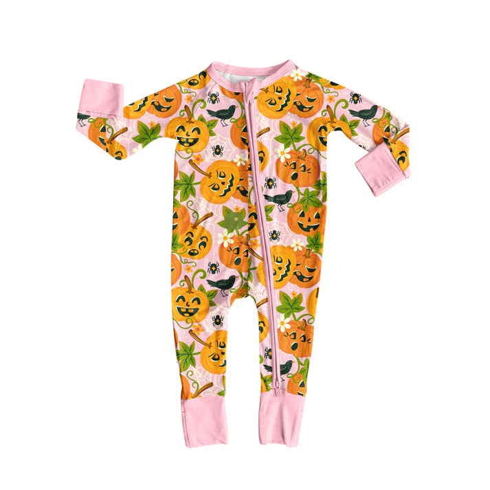Preorder (moq 5)Baby Girls Long Sleeves Pink Floral Ghost Pumpkins Plaid Zipper Romper 7.5