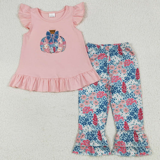 Baby Girls Clothes Pink Flutter Sleeves Floral Pumpkin Tunic Ruffle Pants Sets GSPO2032 6.26