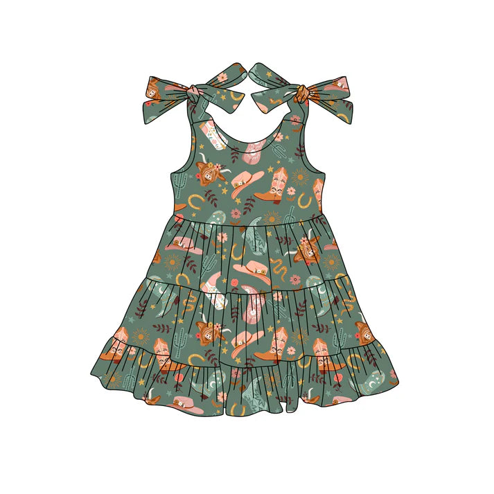 Preorder (moq 5)Baby Girls Green Bows Strap Boots Highland Cows Knee Length Dress 4.25