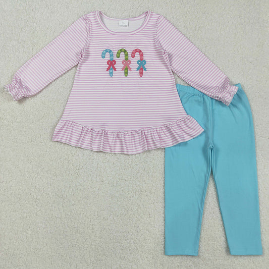 Baby Girls Clothes Christmas Pink Stripe Candy Cane Embroidery Tunic Legging Pants Sets GLP2468 9.2