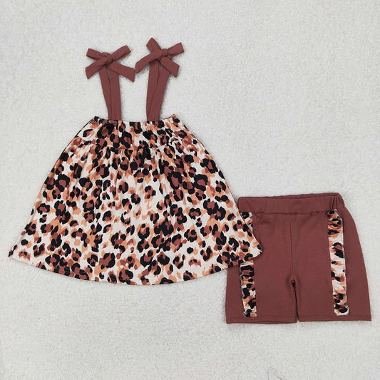 Baby Girls Clothes Brown Bows Strap Leopard Tunic Tops Ruffle Shorts Sets GSSO2352
