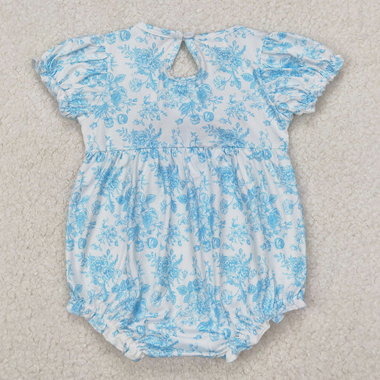 Baby Infant Girls Rompers Blue Flowers Bows Embroidery Rompers SR2784