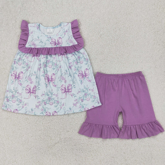 Baby Girls Clothes Purple Flowers Flutter Sleeve Tunic Tops Ruffle Shorts Sets GSSO2315