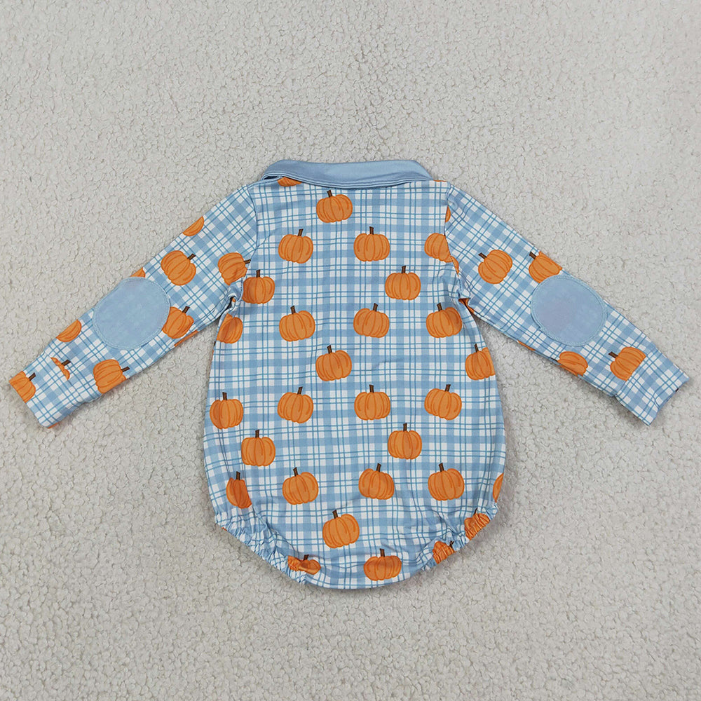 Baby Boys Rompers Blue Checked Pumpkins Fall Zip Long Sleeve Rompers LR3201