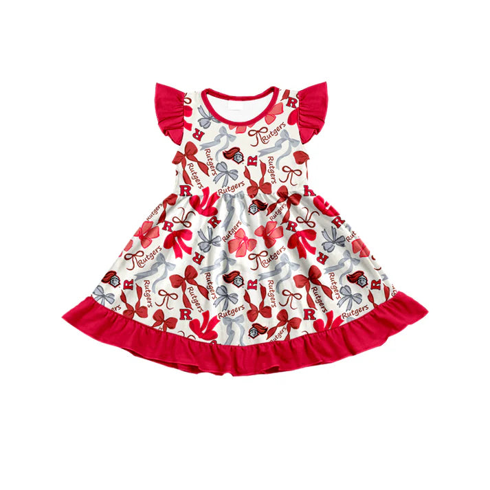 Preorder (moq 5) flutter sleeves R red bows girls team dress 8.22
