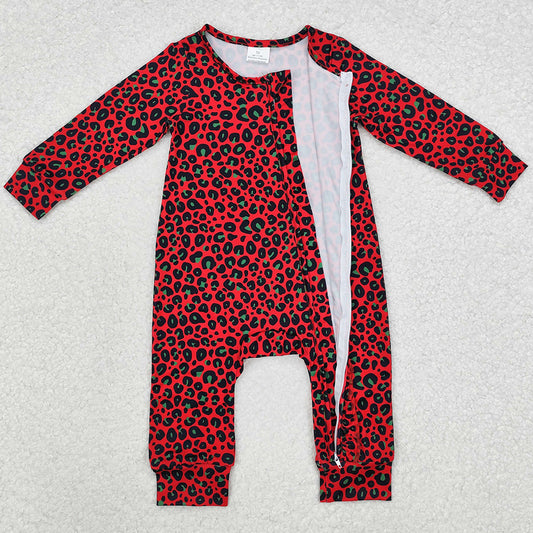 Baby Infant Girls Rompers Christmas Red Green Leopard Zip Rompers LR1962