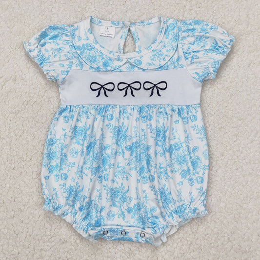 Baby Infant Girls Rompers Blue Flowers Bows Embroidery Rompers SR2784