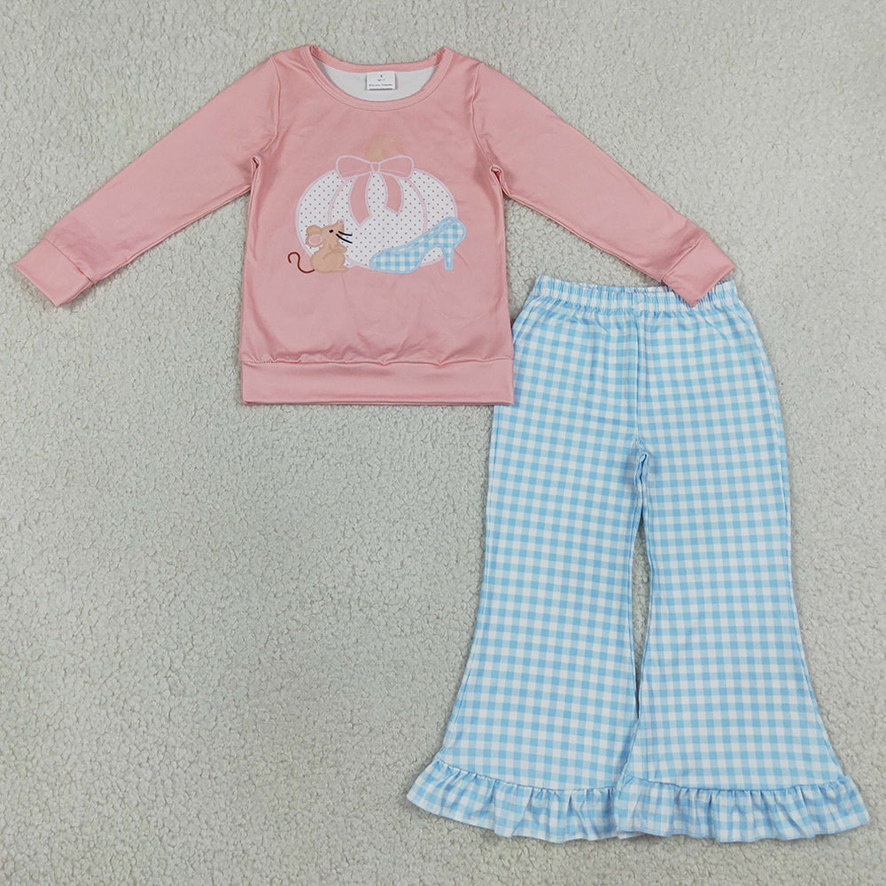 Baby Girls Clothes Bow Pumpkins Mouse Top Checked Ruffle Flare Pant Fall Clothes Sets GLP3598