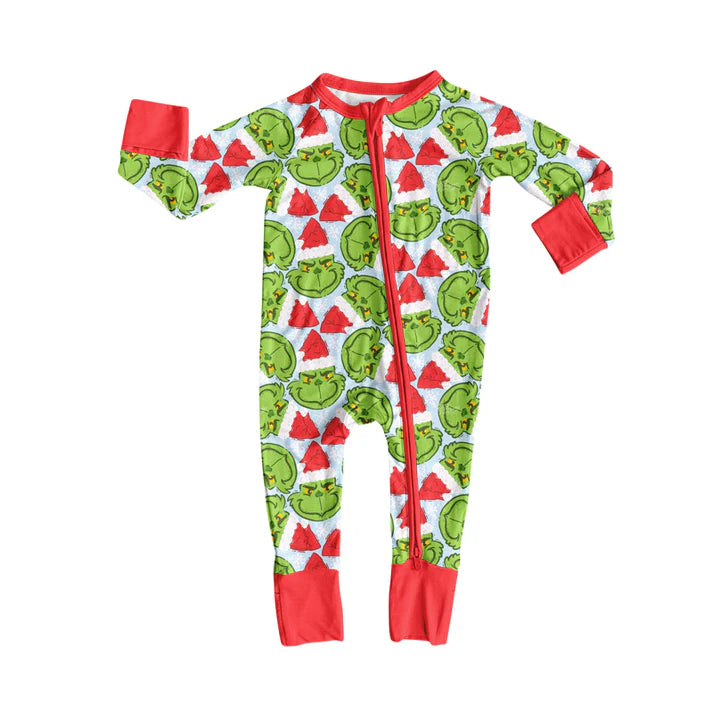 Preorder(moq 5)Baby Girls Green Face Plaid Christmas Zipper Footie Rompers 8.15