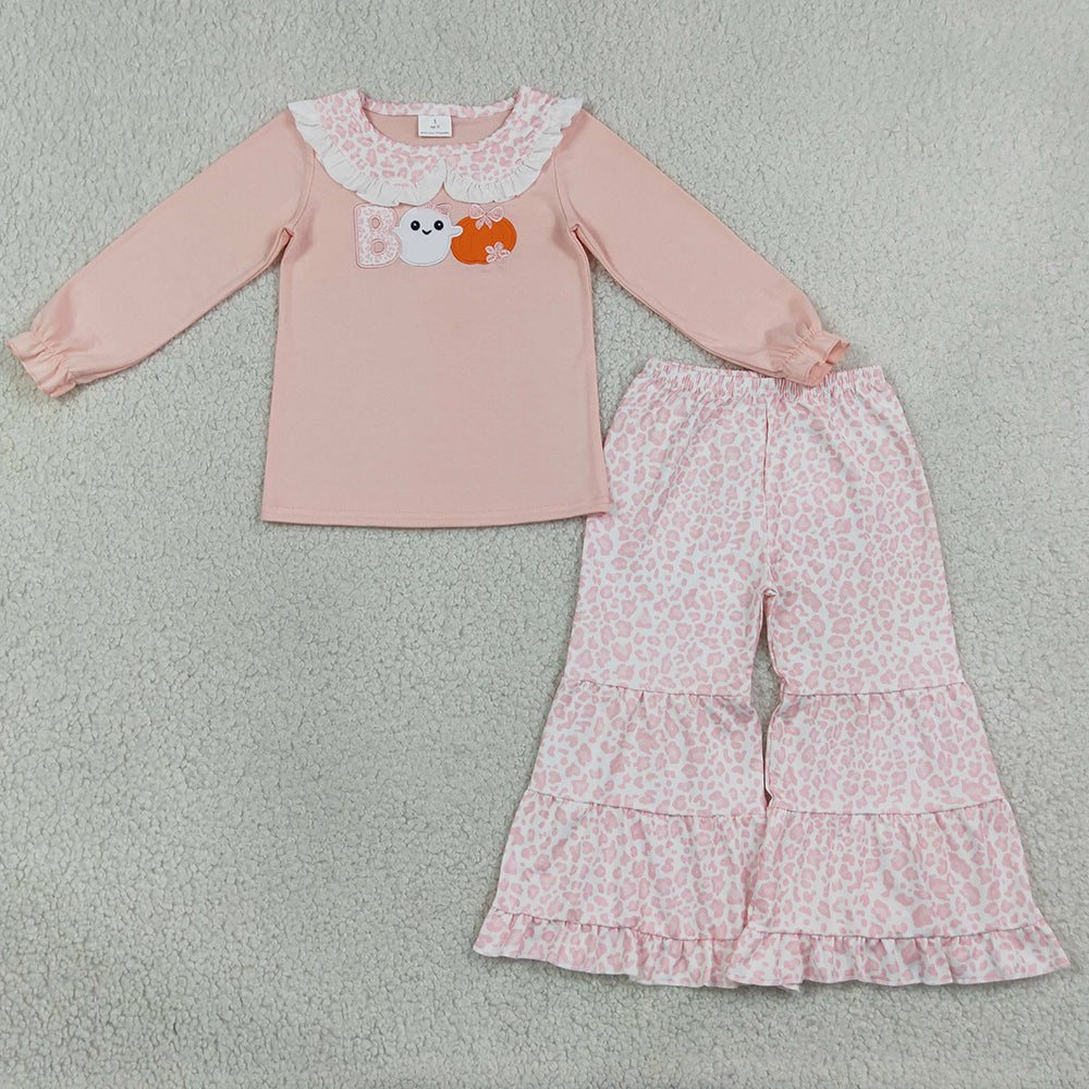 Baby Girls Clothes Embroidery Pumpkin Ghost BOO Top Leopard Bell Bottom Halloween Sets GLP3630