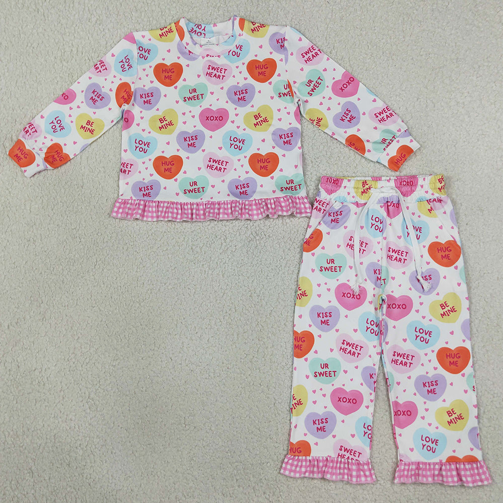 Baby Girls Pajamas Sweet Hearts Top Pockets Ruffle Pant Valentines Clothes Sets GLP3676
