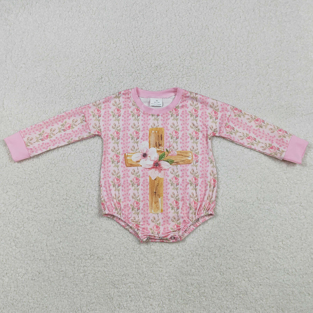 Baby Girls Rompers Pink Flowers Stripe Cross Easter Rompers LR2837 12.5