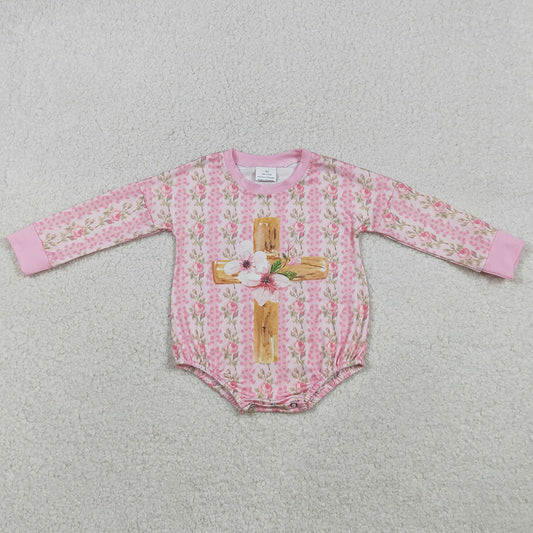 Baby Girls Rompers Pink Flowers Stripe Cross Easter Rompers LR2837 12.5