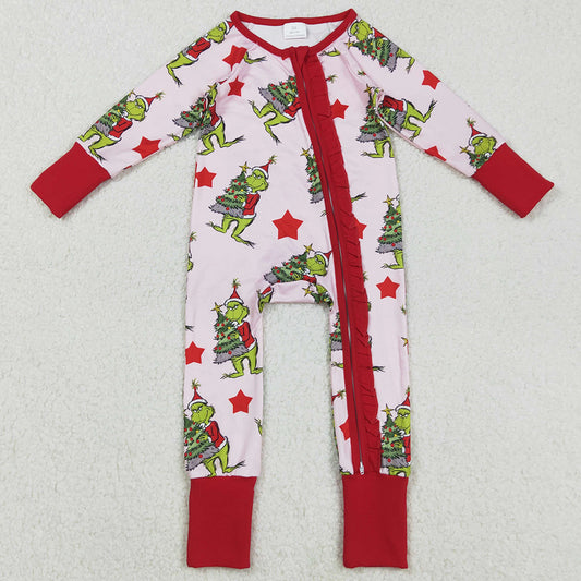 Baby Girls Rompers Green Faces Christmas Trees Ruffle Zipper Rompers LR2496 9.1