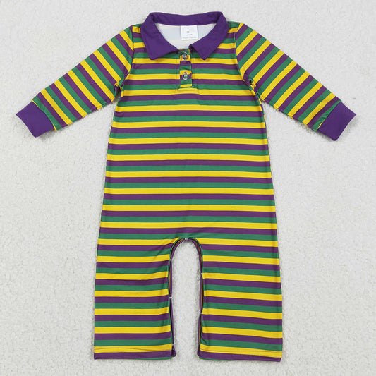 Baby Boys Romper Purple Yellow Green Stripe Button Mardigras Button Footie Romper LR2679 12.10