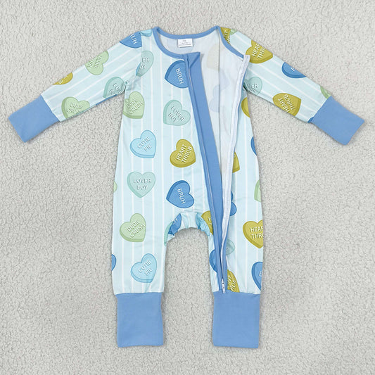 Baby Kids Rompers Blue Stripe LOVE YOU Hearts Valentines Two Way Zip Convertible Rompers LR3326