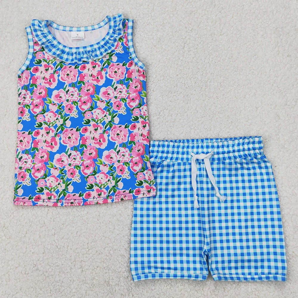 Baby Girls Clothes Blue Plaid Sleeveless Floral Top Shorts Sets GSSO2414 3.28