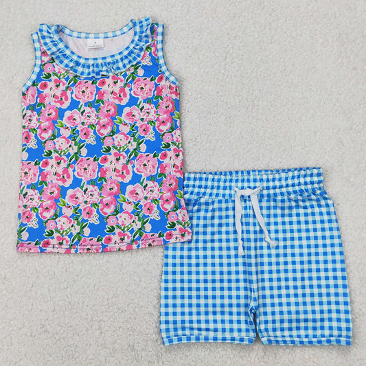 Baby Girls Clothes Blue Plaid Sleeveless Floral Top Shorts Sets GSSO2414 3.28