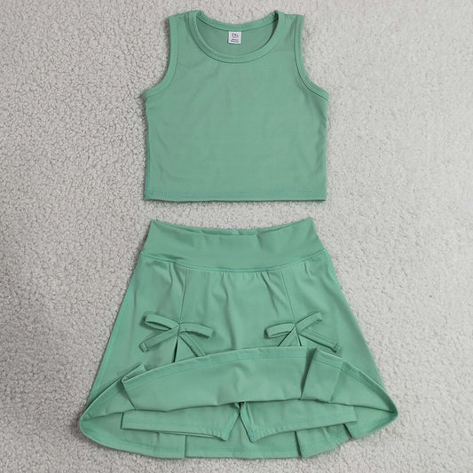 Baby Girls Clothes Green Vest Top Bows Skirt Shorts Yoga Active Clothes Set GSD3760