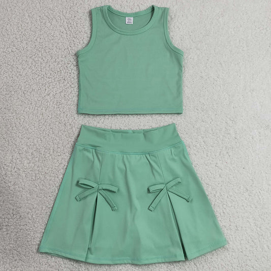 Baby Girls Clothes Green Vest Top Bows Skirt Shorts Yoga Active Clothes Set GSD3760