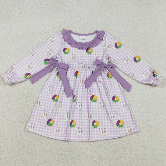 Baby Girls Dress Purple Checked Boots Donuts Bows Mardigras Knee Length Dresses GLD1379 12.10