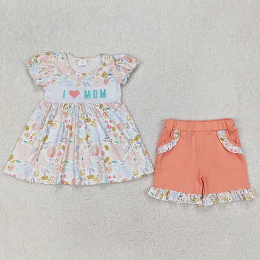 Baby Girls Clothes I LOVE MOM Embroidery Floral Tunic Tops Ruffle Shorts Sets GSSO2408 BSSO1435