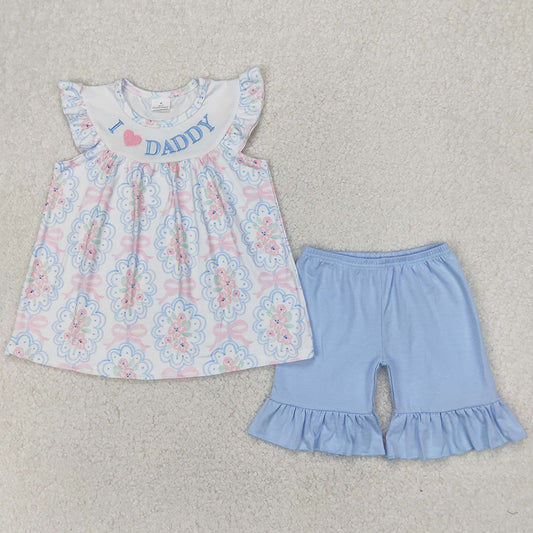 Baby Girls Clothes I LOVE DADDY Embroidery Floral Bows Tunic Tops Ruffle Shorts Sets GSSO2407