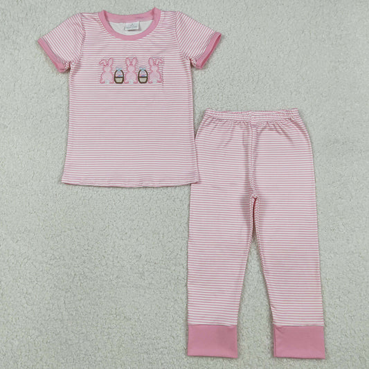 Baby Girls Pajamas Sibling Embroidery Rabbits Eggs Pink Stripe Top Pants Easter Pajamas Sets GSPO2117 12.9