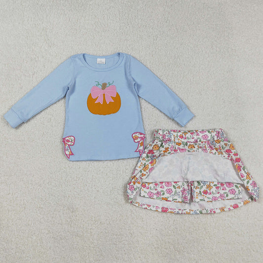 Baby Girls Clothes Blue Long Sleeves Bows Pumpkin Embroidery Top Flowers Skorts Sets GLD1172 9.1