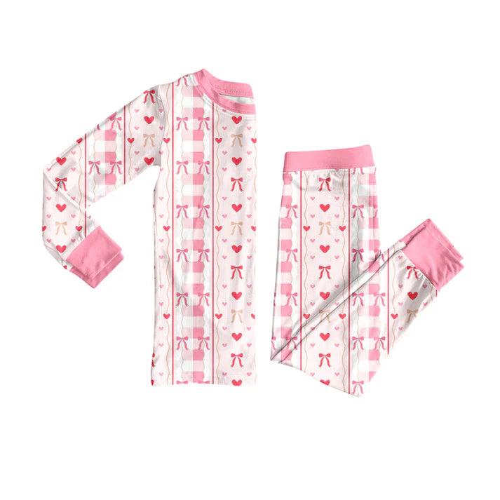 Preorder (moq 5)Baby Girls Long Sleeves Pink Bows Hearts Stripes Top Pants Pajamas Set 7.29
