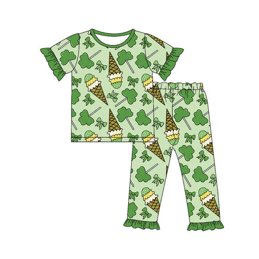 Preorder(moq 5) Baby Girls Green Clovers Ice Cream Top Ruffle Pants St Patrick Pajamas Sets 10.15