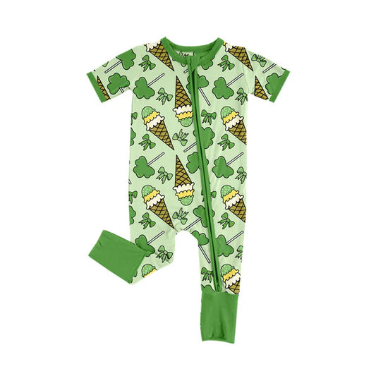 Preorder (moq 5)Baby Girls Green Clovers Ice Cream St Patrick Zipper Footie Rompers 10.15