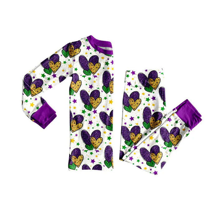 Preorder (moq 8)Baby Girls Purple Yellow Green Hearts Top Pants Mardigras Pajamas Sets 9.9
