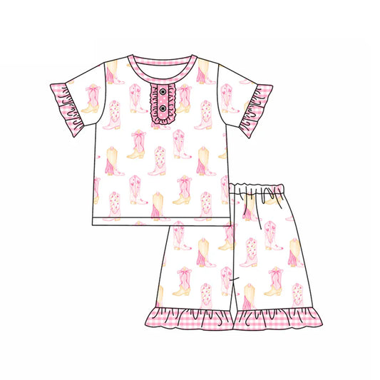 Preorder (moq 5)Baby Girls Pink Short Ruffle Sleeves Button Boots Top Short Set 5.14