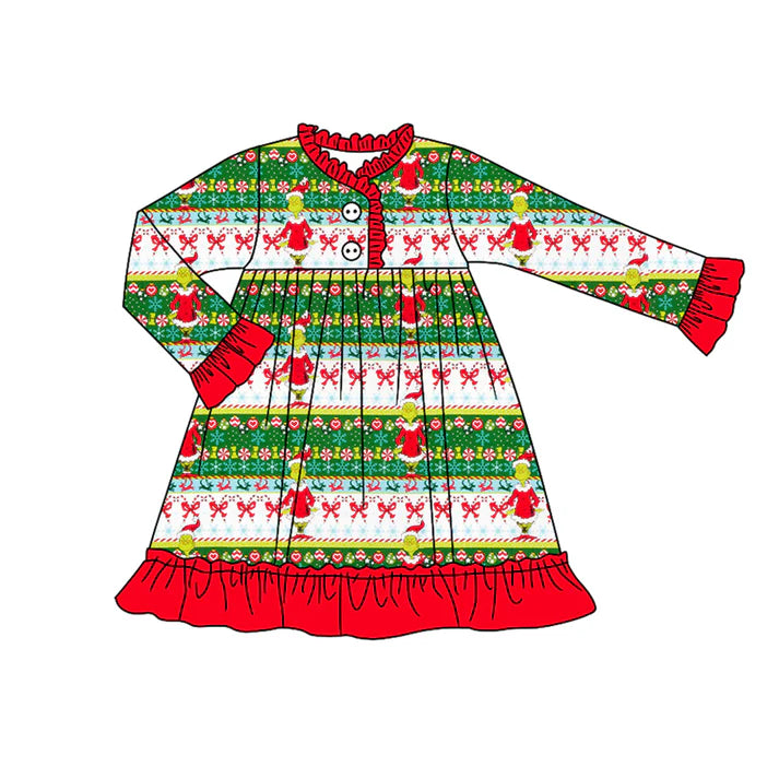 Preorder (moq 5)Baby Girls Long Ruffle Sleeves Cartoon Faces Stripes Button Knee Length Dress 7.26