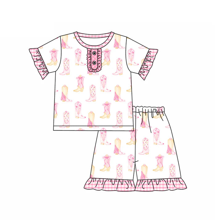 Preorder (moq 5)Baby Girls Pink Short Ruffle Sleeves Button Boots Top Short Set 4.26