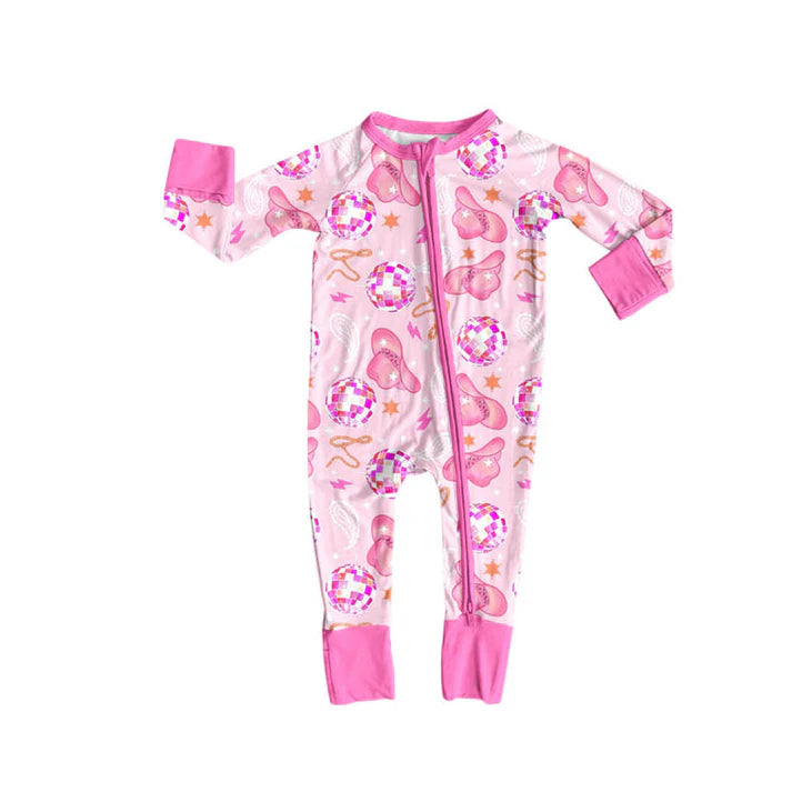 Preorder (moq 8)Baby Girls Pink Hats Stars Western Zipper Footie Rompers 9.11