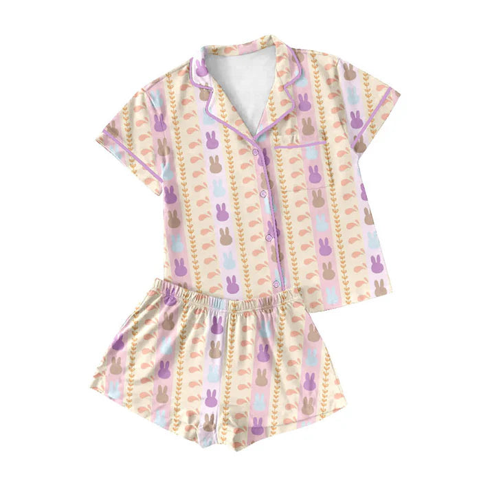 Preorder (moq 8)Baby Girls Rabbits Stripe Button Pocket Top Shorts Easter Pajamas Sets 9.16