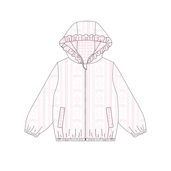 Preorder(moq 5) Baby Girls Pink Eggs Bows Stripe Zipper Pockets Easter Ruffle Hoodies Top 10.30